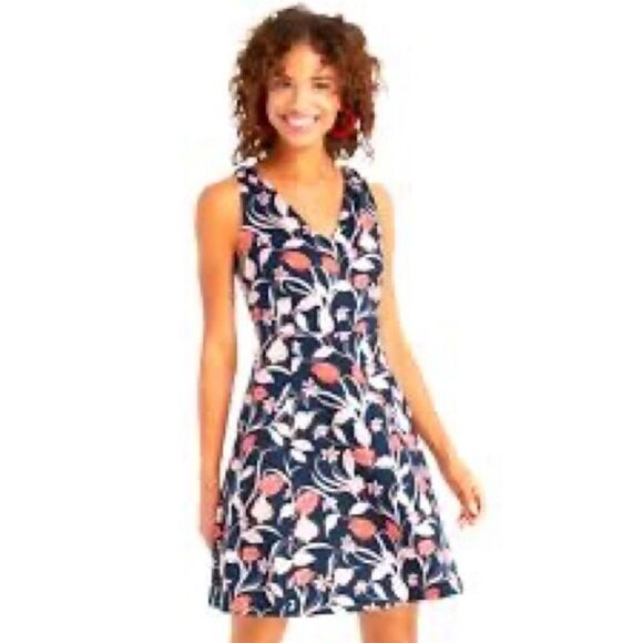 Draper James Love Circle Dress V-Neck A-line Navy Red and Pink Floral - Picture 1 of 16